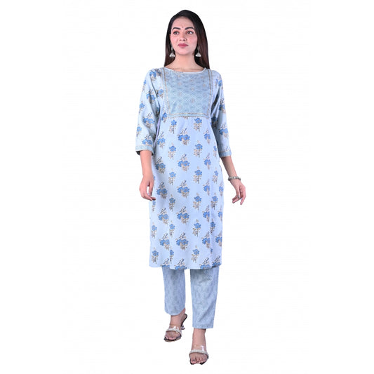 Amfyn Women's Casual 3/4 Sleeve Printed Rayon Kurti With Pant Set (Blue)