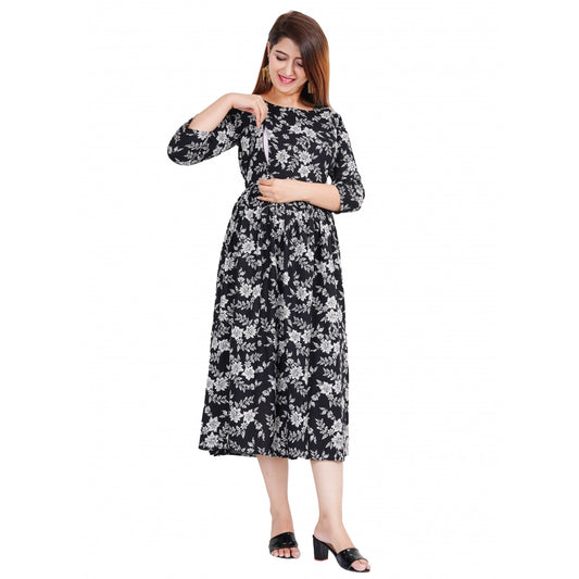 Amfyn Women's Casual 3/4 Sleeve Printed Viscose Maternity Feeding Kurti (Black)