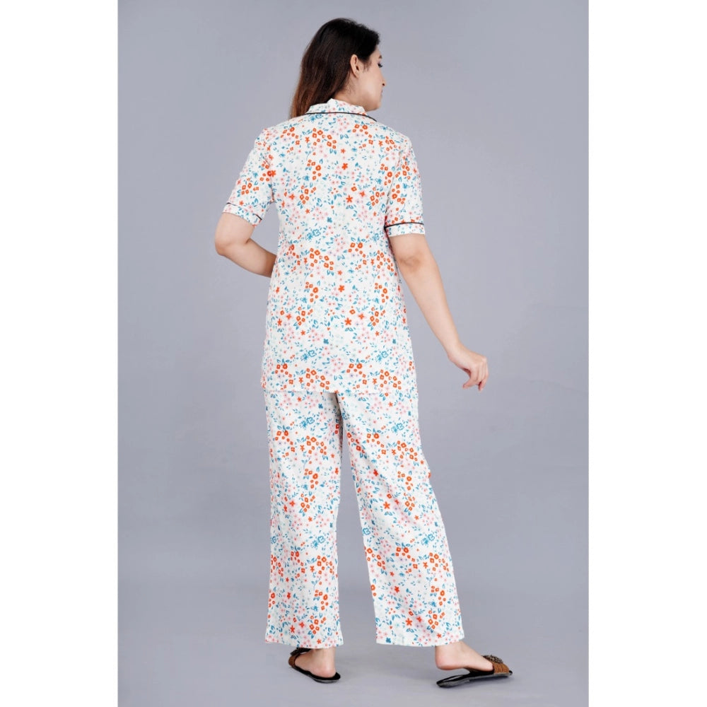 Amfyn Women's Casual Half Sleeve Printed Viscose Rayon Shirt With Pyjama Pant Night Suit Set (White)