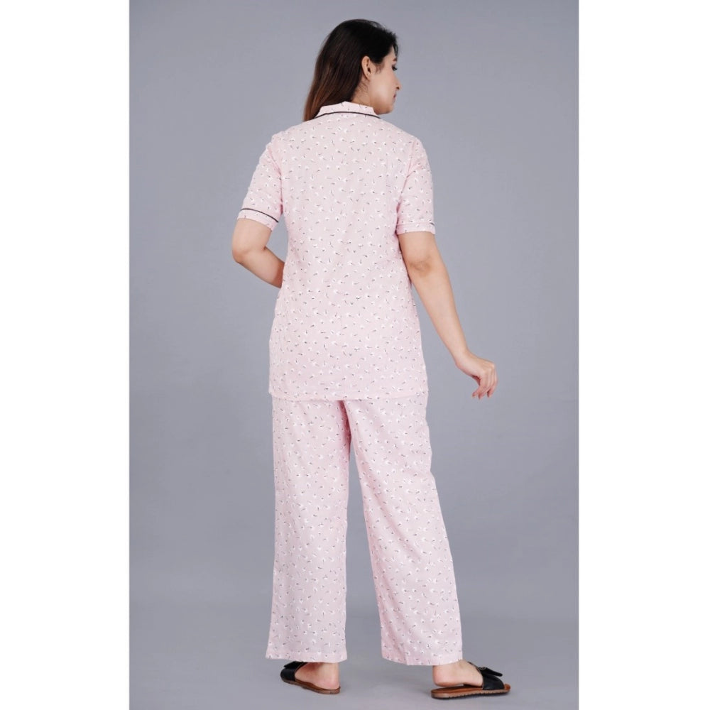 Amfyn Women's Casual Half Sleeve Printed Viscose Rayon Shirt With Pyjama Pant Night Suit Set (Pink)