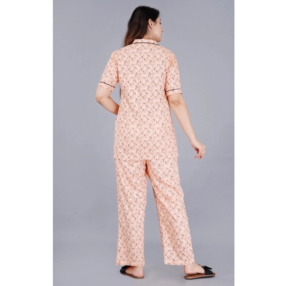 Amfyn Women's Casual Half Sleeve Printed Viscose Rayon Shirt With Pyjama Pant Night Suit Set (Peach)