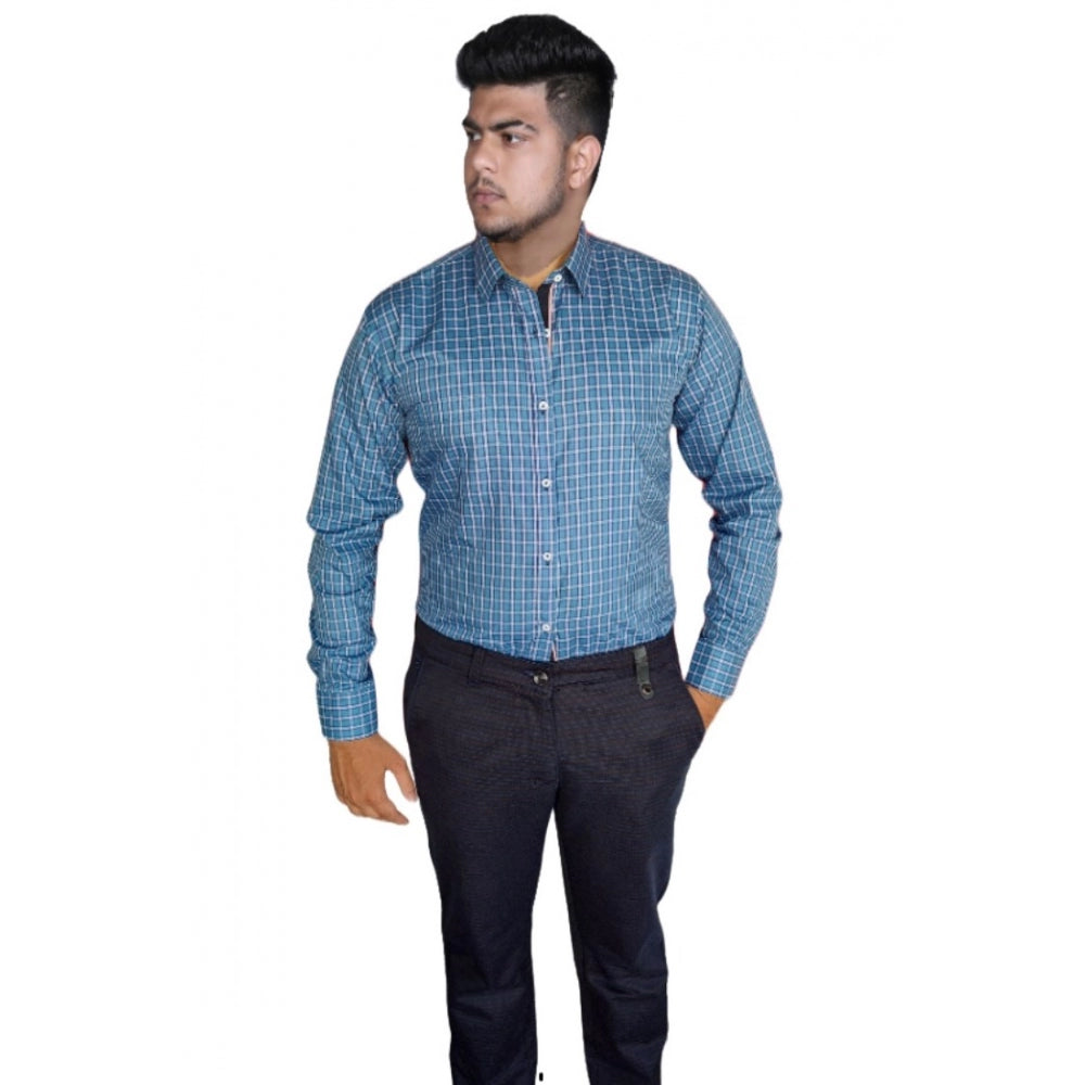 Amfyn Men's Cotton Lycra Full Sleeve Checked Casual Shirt (Blue)