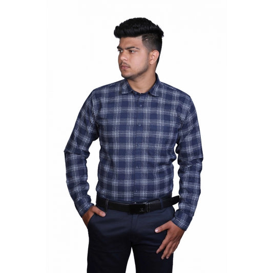 Amfyn Men's Cotton Lycra Full Sleeve Checked Casual Shirt (Navy Blue)