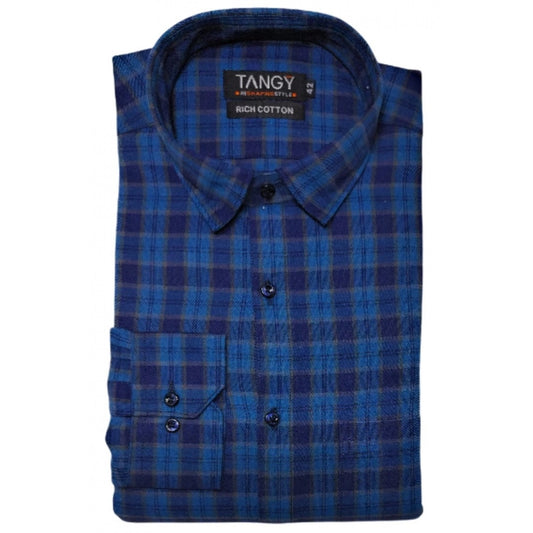 Amfyn Men's Cotton Lycra Full Sleeve Checked Casual Shirt (Dark Blue)