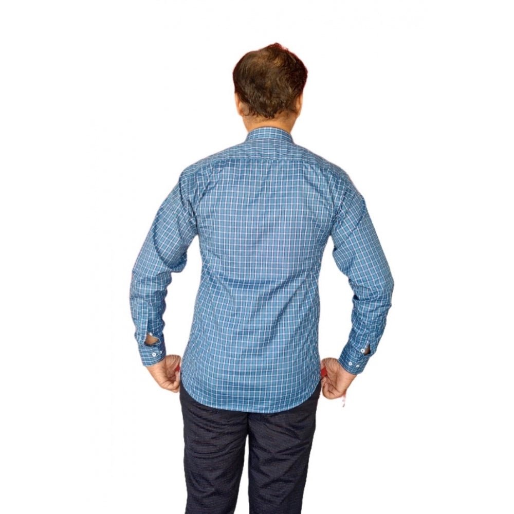 Amfyn Men's Cotton Lycra Full Sleeve Checked Casual Shirt (Blue)