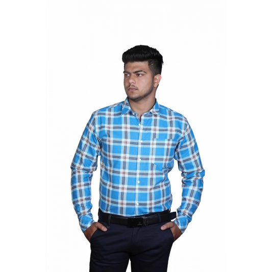 Amfyn Men's Cotton Lycra Full Sleeve Checked Casual Shirt (Blue White)