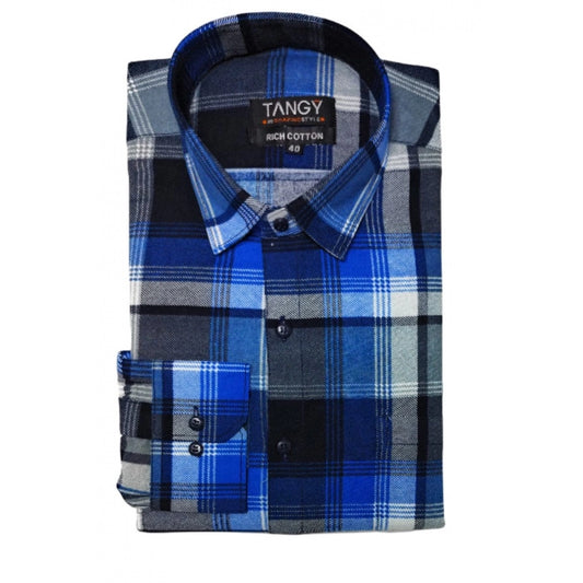 Amfyn Men's Cotton Lycra Full Sleeve Checked Casual Shirt (Blue)