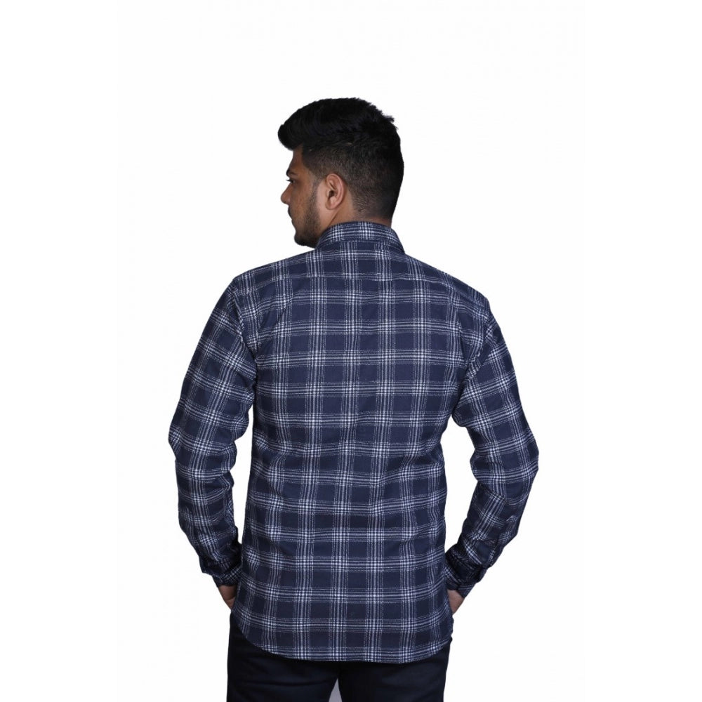 Amfyn Men's Cotton Lycra Full Sleeve Checked Casual Shirt (Navy Blue)