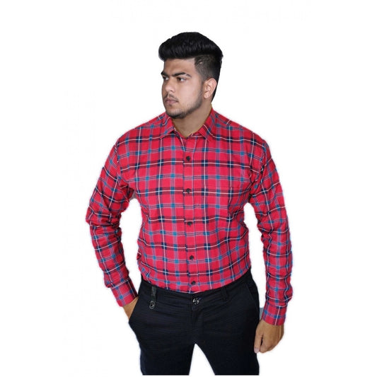 Amfyn Men's Cotton Lycra Full Sleeve Checked Casual Shirt (Red )