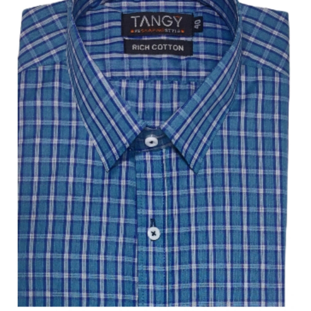 Amfyn Men's Cotton Lycra Full Sleeve Checked Casual Shirt (Blue)