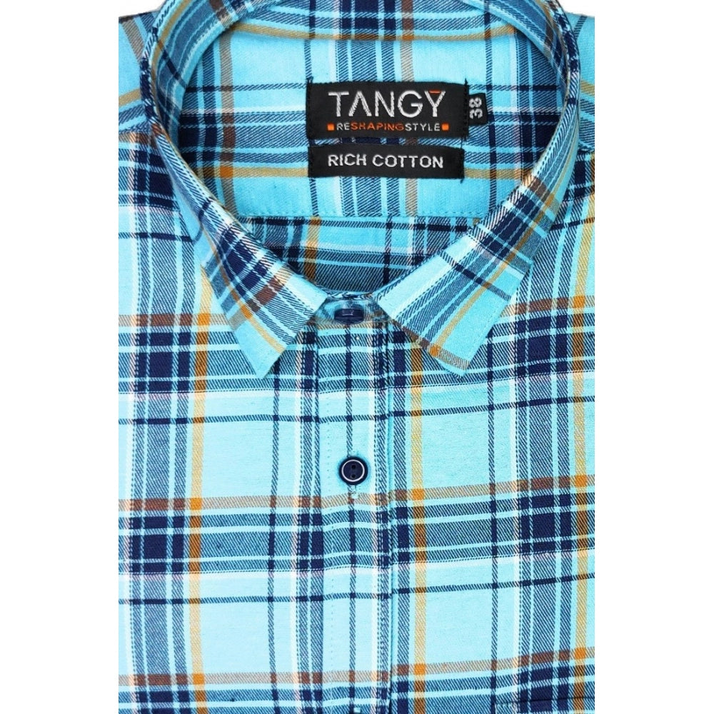 Amfyn Men's Cotton Lycra Full Sleeve Checked Casual Shirt (Turquoise)