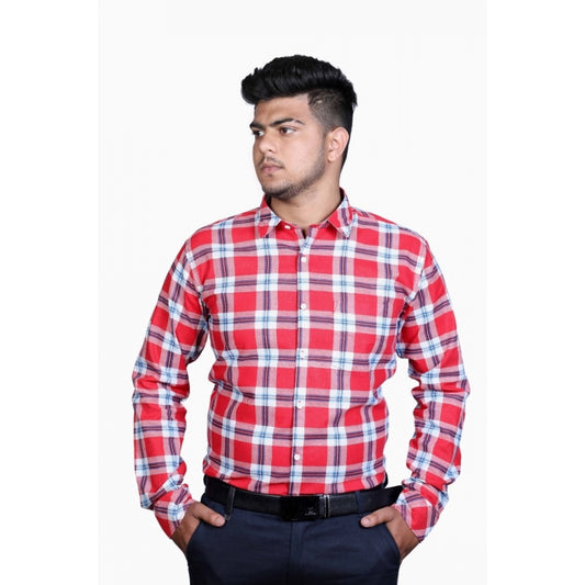 Amfyn Men's Cotton Lycra Full Sleeve Checked Casual Shirt (Red White)