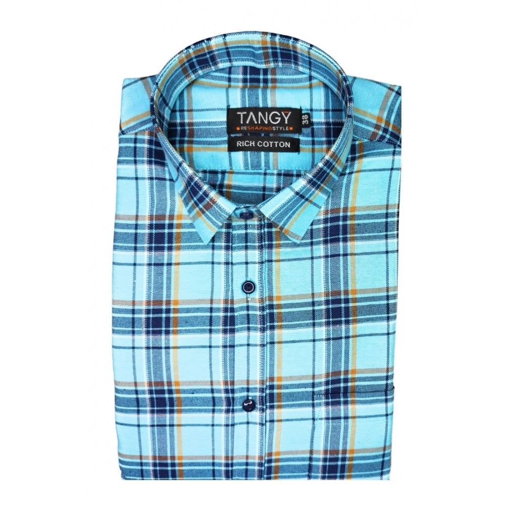 Amfyn Men's Cotton Lycra Full Sleeve Checked Casual Shirt (Turquoise)