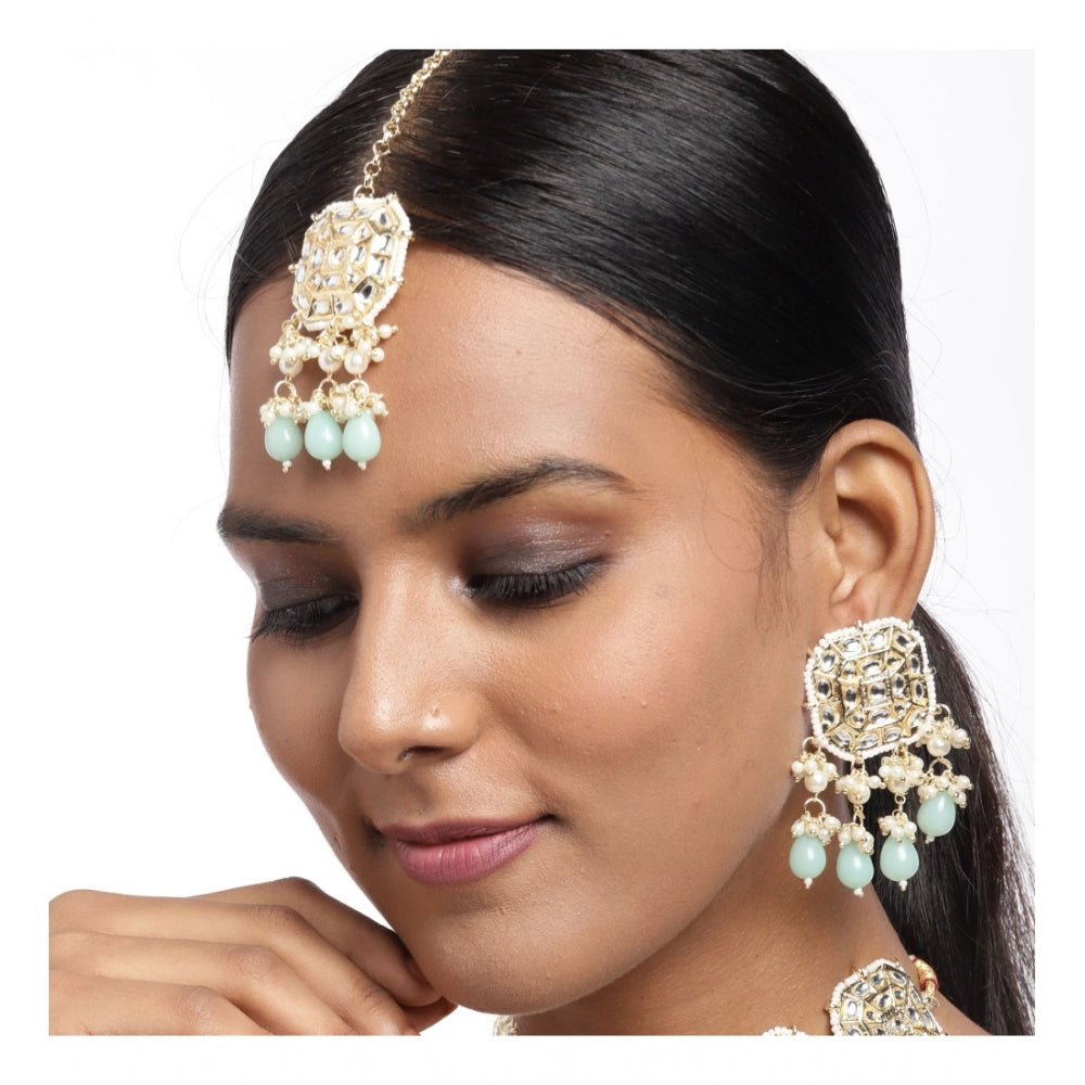 Fashion Women's Rose Gold Plated Alloy Kundan Earrings &amp; Mangtikka (White)