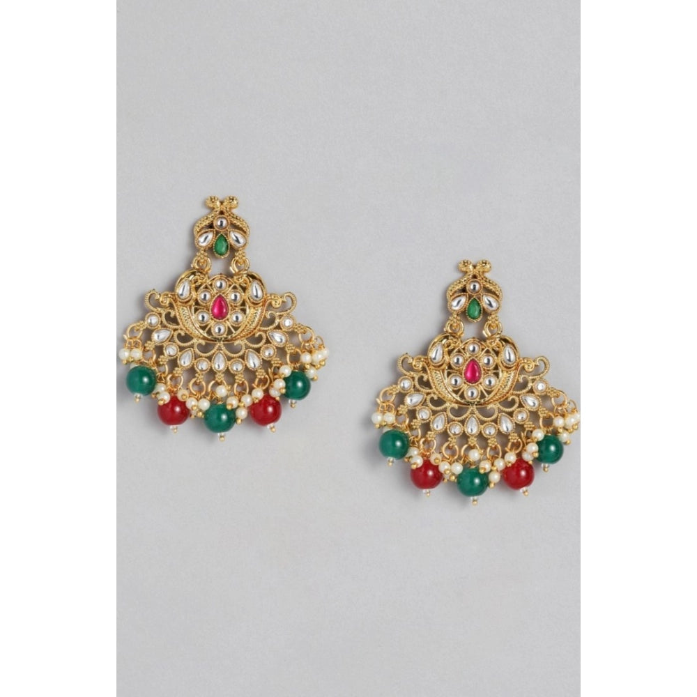 Fashion Women's Rose Gold Plated Alloy Kundan Earrings &amp; Mangtikka (Red &amp; Green)