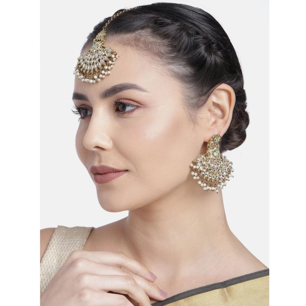 Fashion Women's Rose Gold Plated Alloy Kundan Earrings &amp; Mangtikka (White)