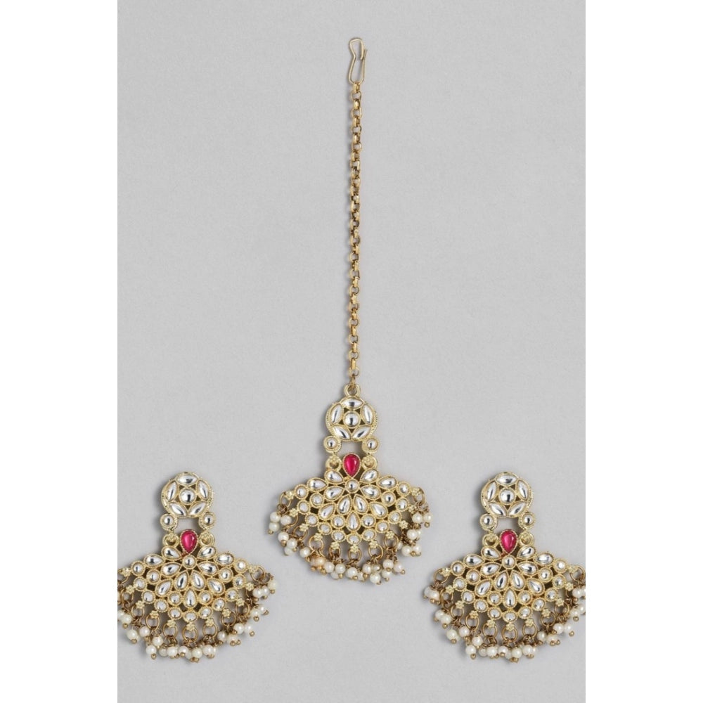 Fashion Women's Rose Gold Plated Alloy Kundan Earrings &amp; Mangtikka (White)