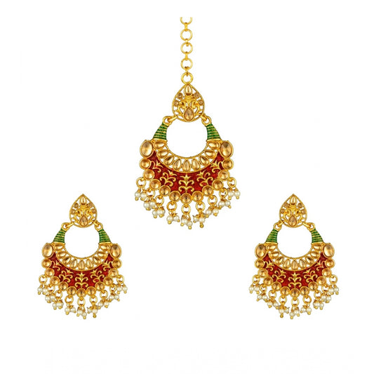 Fashion Women's Rose Gold Plated Alloy Kundan Earrings &amp; Mangtikka (Red &amp; Green)