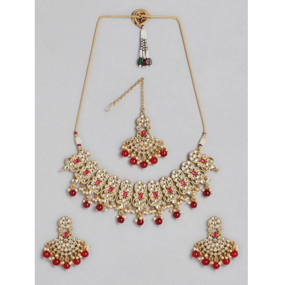 Fashion Women's Rose Gold Plated Alloy Necklace &amp; Earings Set (Red)