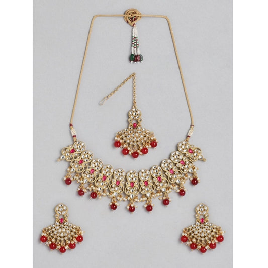 Fashion Women's Rose Gold Plated Alloy Necklace &amp; Earings Set (Red)