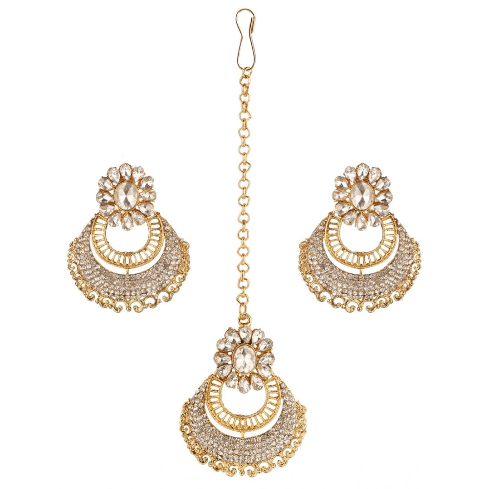 Fashion Women's Rose Gold Plated Alloy Kundan Earrings &amp; Mangtikka (White)