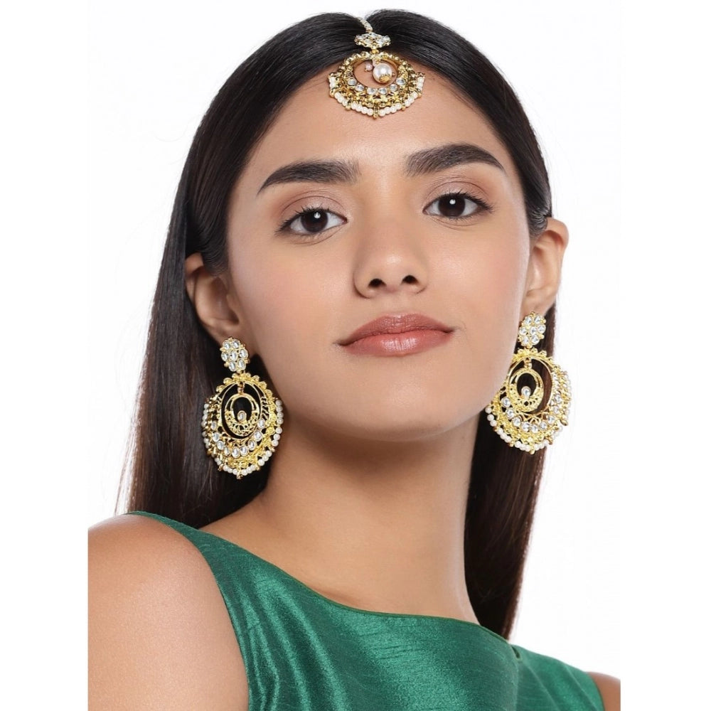 Fashion Women's Rose Gold Plated Alloy Kundan Earrings &amp; Mangtikka (White)