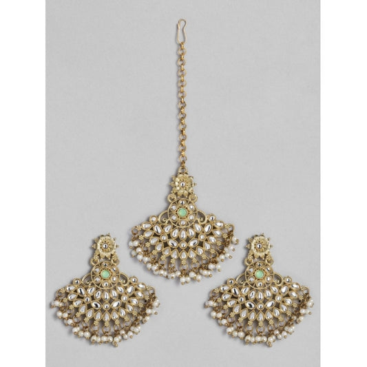 Fashion Women's Rose Gold Plated Alloy Kundan Earrings &amp; Mangtikka (White)