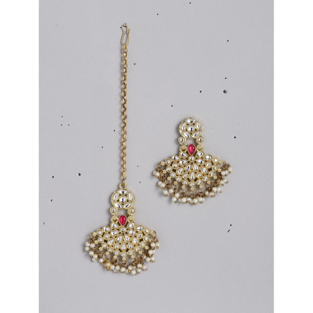 Fashion Women's Rose Gold Plated Alloy Kundan Earrings &amp; Mangtikka (White)