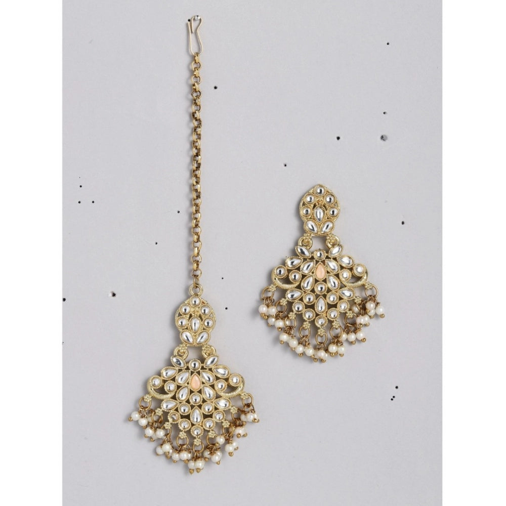 Fashion Women's Rose Gold Plated Alloy Kundan Earrings &amp; Mangtikka (White)