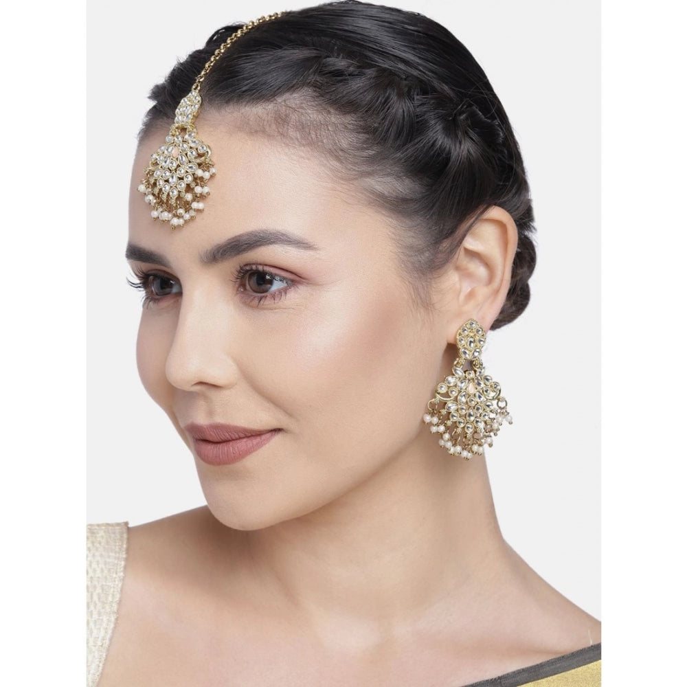 Fashion Women's Rose Gold Plated Alloy Kundan Earrings &amp; Mangtikka (White)