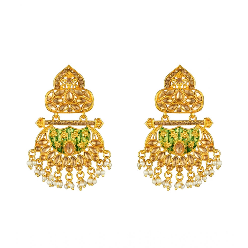 Fashion Women's Rose Gold Plated Alloy Kundan Earrings &amp; Mangtikka (Green)