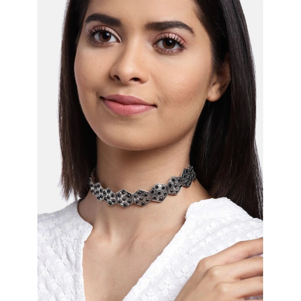 Fashion Women's Rose Gold Plated Alloy Choker (Silver &amp; Black)