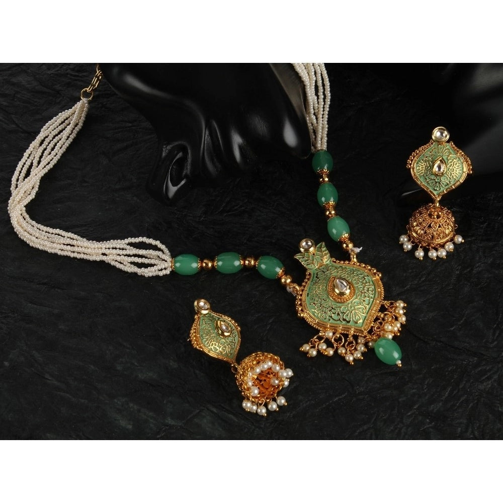 Fashion Women's Rose Gold Plated Alloy Necklace &amp; Earings Set (Green)