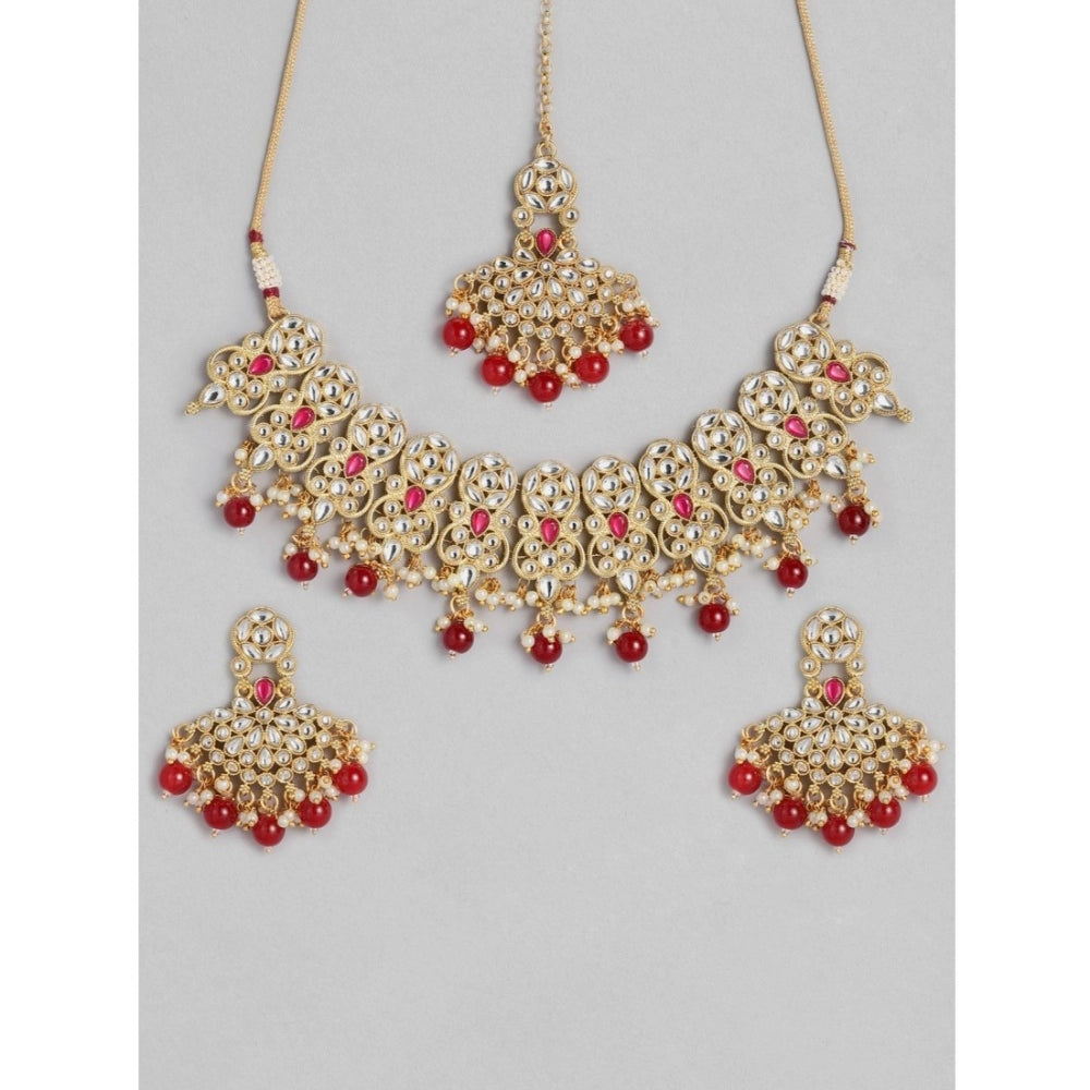 Fashion Women's Rose Gold Plated Alloy Necklace &amp; Earings Set (Red)