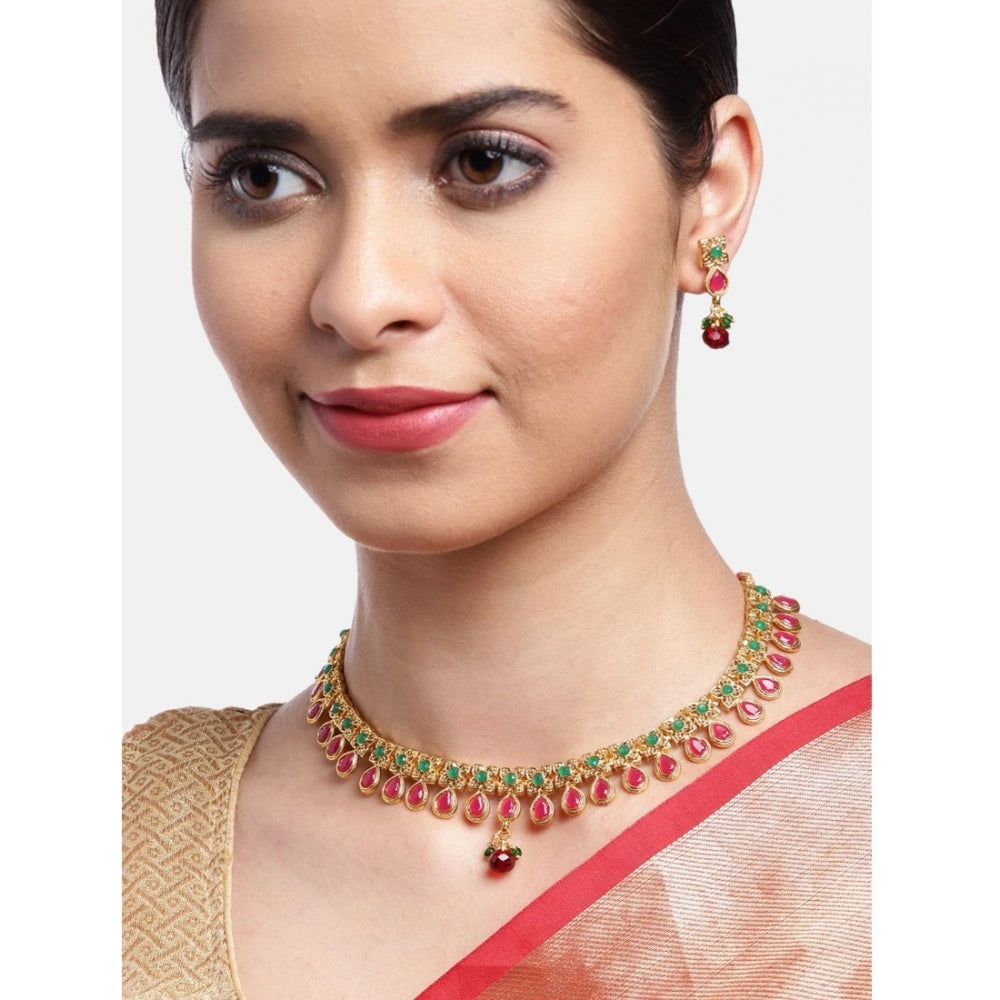 Fashion Women's Rose Gold Plated Alloy Necklace &amp; Earings Set (Green &amp; Red)