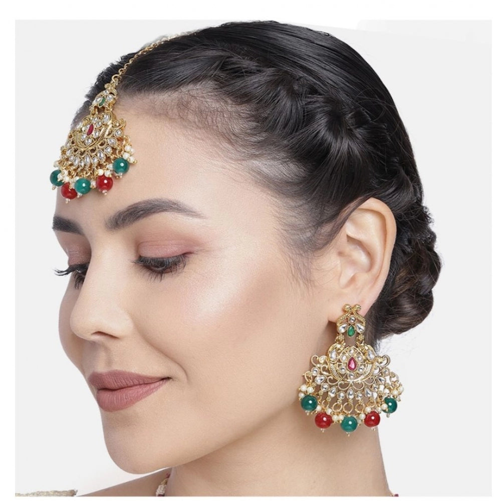 Fashion Women's Rose Gold Plated Alloy Kundan Earrings &amp; Mangtikka (Red &amp; Green)