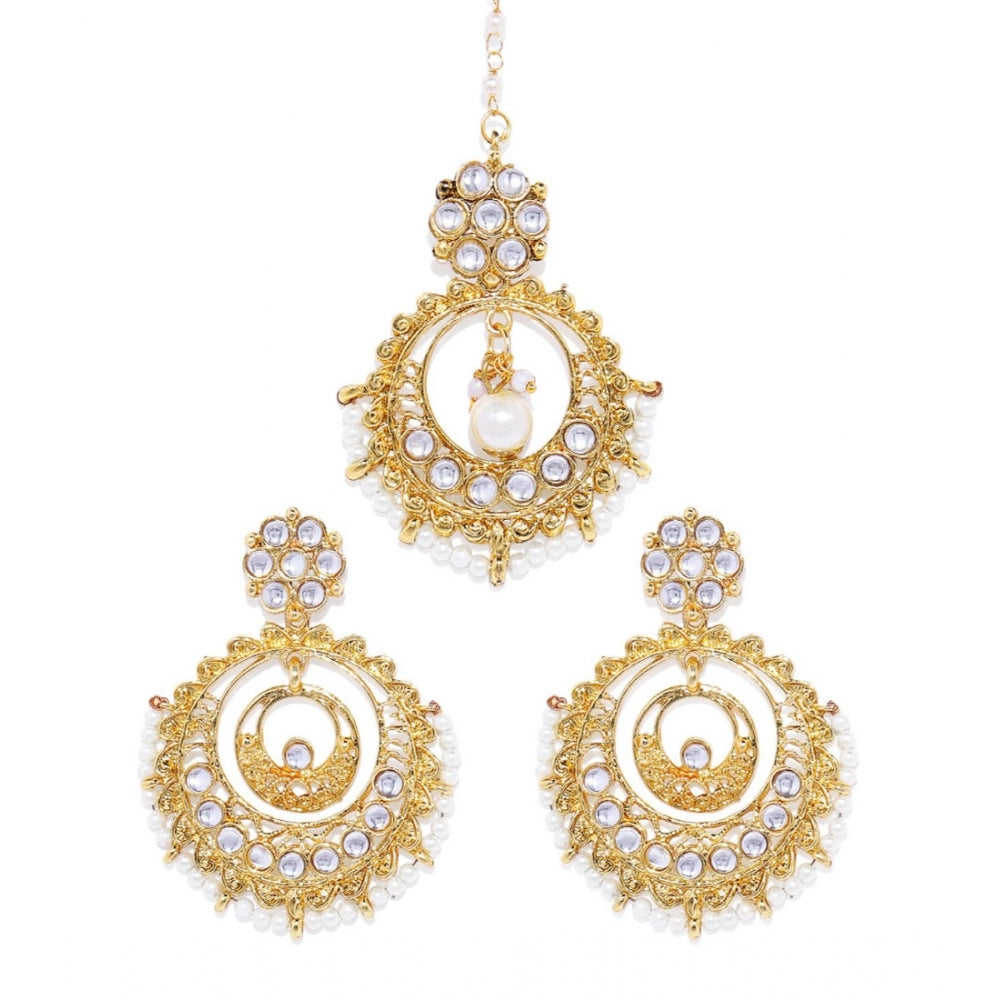 Fashion Women's Rose Gold Plated Alloy Kundan Earrings &amp; Mangtikka (White)