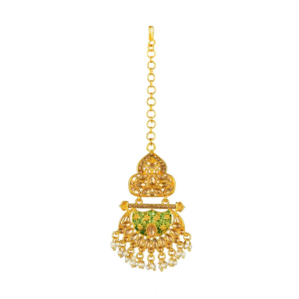 Fashion Women's Rose Gold Plated Alloy Kundan Earrings &amp; Mangtikka (Green)