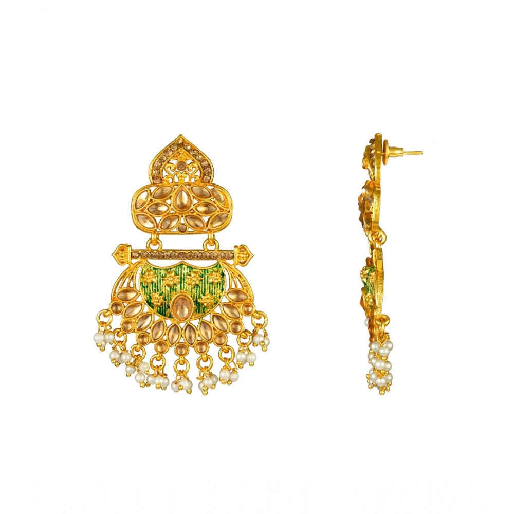 Fashion Women's Rose Gold Plated Alloy Kundan Earrings &amp; Mangtikka (Green)