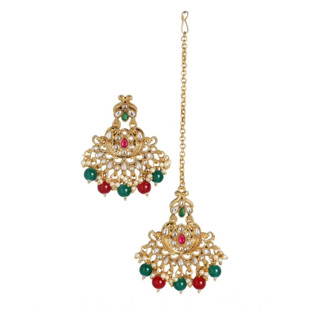 Fashion Women's Rose Gold Plated Alloy Kundan Earrings &amp; Mangtikka (Red &amp; Green)