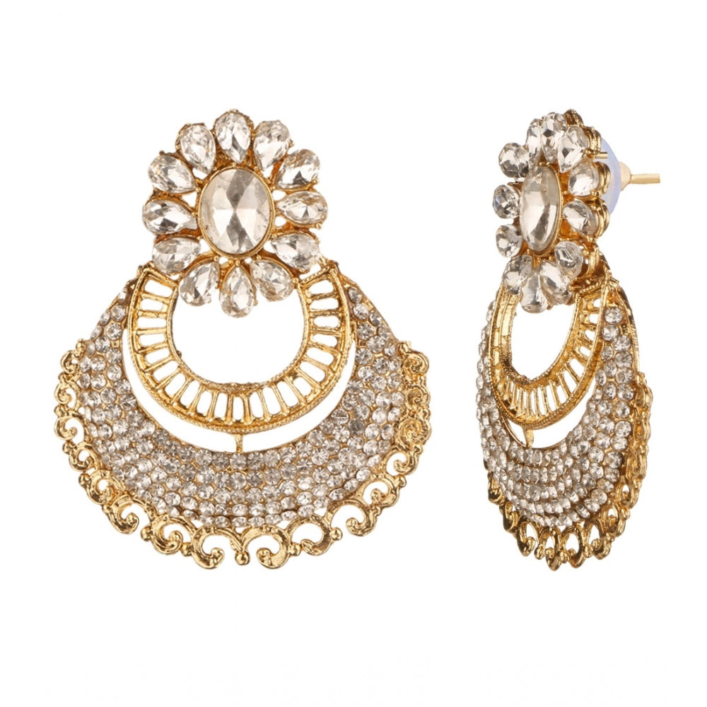 Fashion Women's Rose Gold Plated Alloy Kundan Earrings &amp; Mangtikka (White)