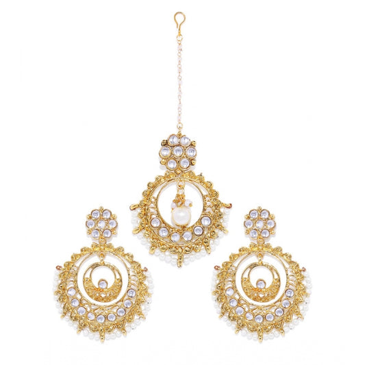 Fashion Women's Rose Gold Plated Alloy Kundan Earrings &amp; Mangtikka (White)