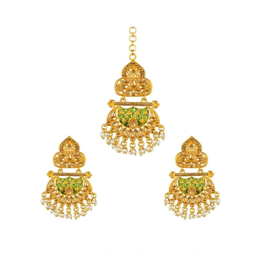 Fashion Women's Rose Gold Plated Alloy Kundan Earrings &amp; Mangtikka (Green)