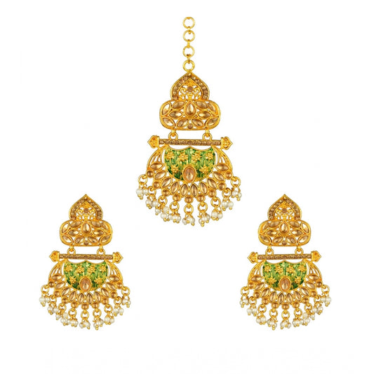 Fashion Women's Rose Gold Plated Alloy Kundan Earrings &amp; Mangtikka (Green)