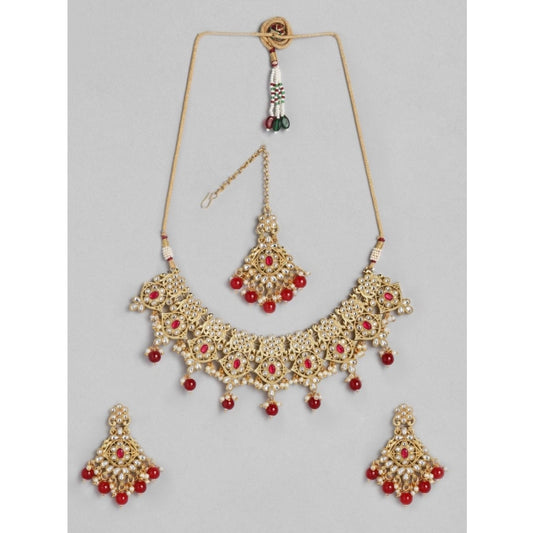 Fashion Women's Rose Gold Plated Alloy Necklace &amp; Earings Set (Red)