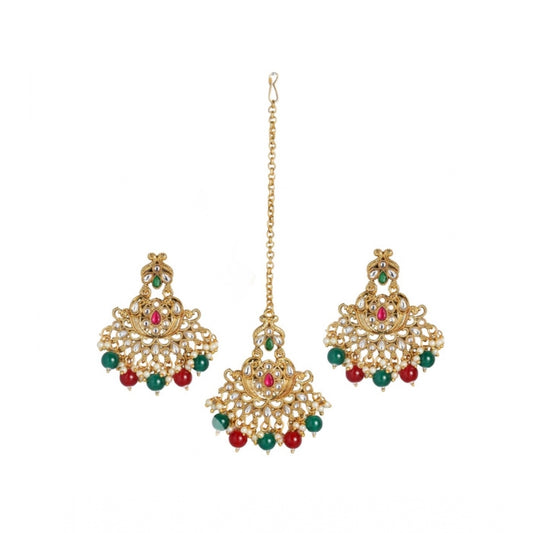 Fashion Women's Rose Gold Plated Alloy Kundan Earrings &amp; Mangtikka (Red &amp; Green)