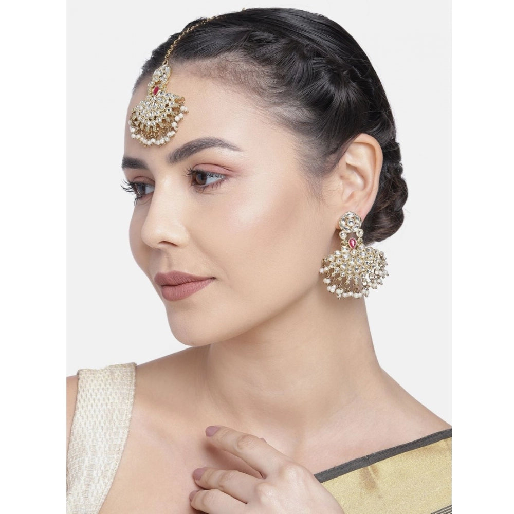 Fashion Women's Rose Gold Plated Alloy Kundan Earrings &amp; Mangtikka (White)