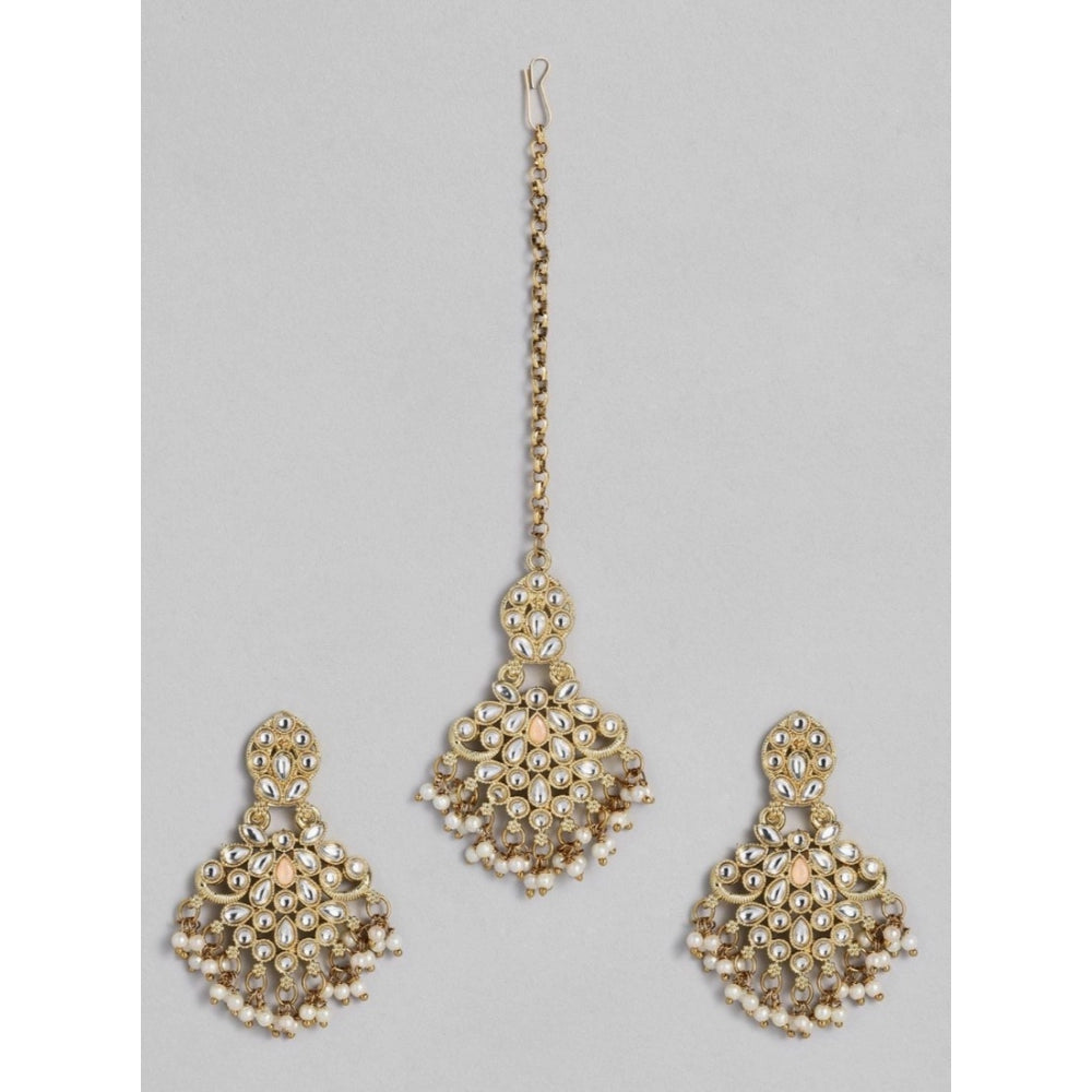 Fashion Women's Rose Gold Plated Alloy Kundan Earrings &amp; Mangtikka (White)