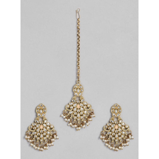 Fashion Women's Rose Gold Plated Alloy Kundan Earrings &amp; Mangtikka (White)