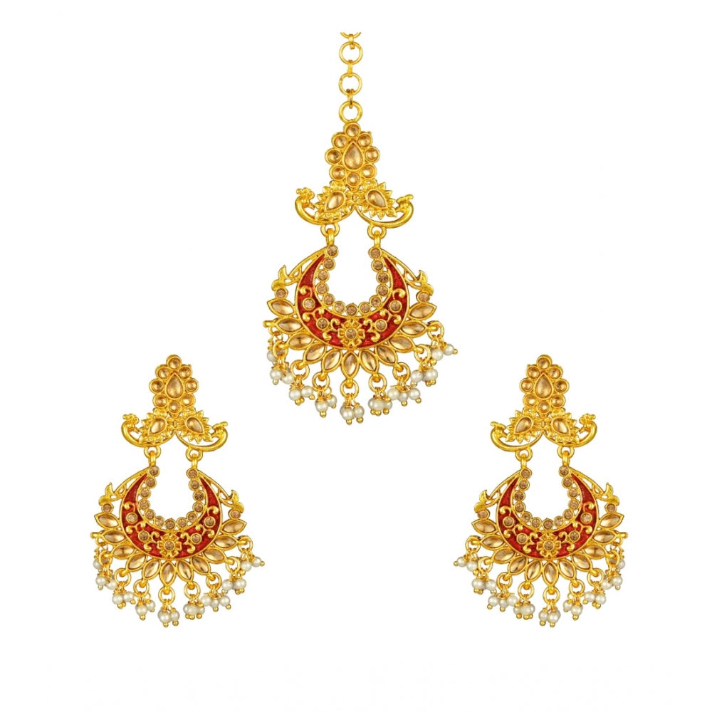 Fashion Women's Rose Gold Plated Alloy Kundan Earrings &amp; Mangtikka (Maroon)